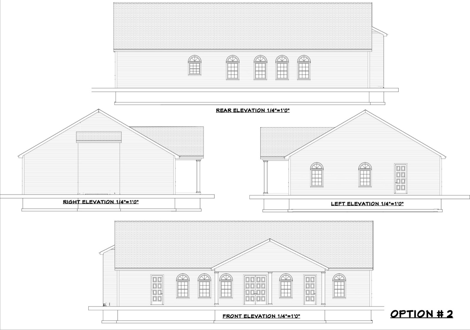 Line drawings of the front, rear, left and right elevations of the proposed church, Option 2