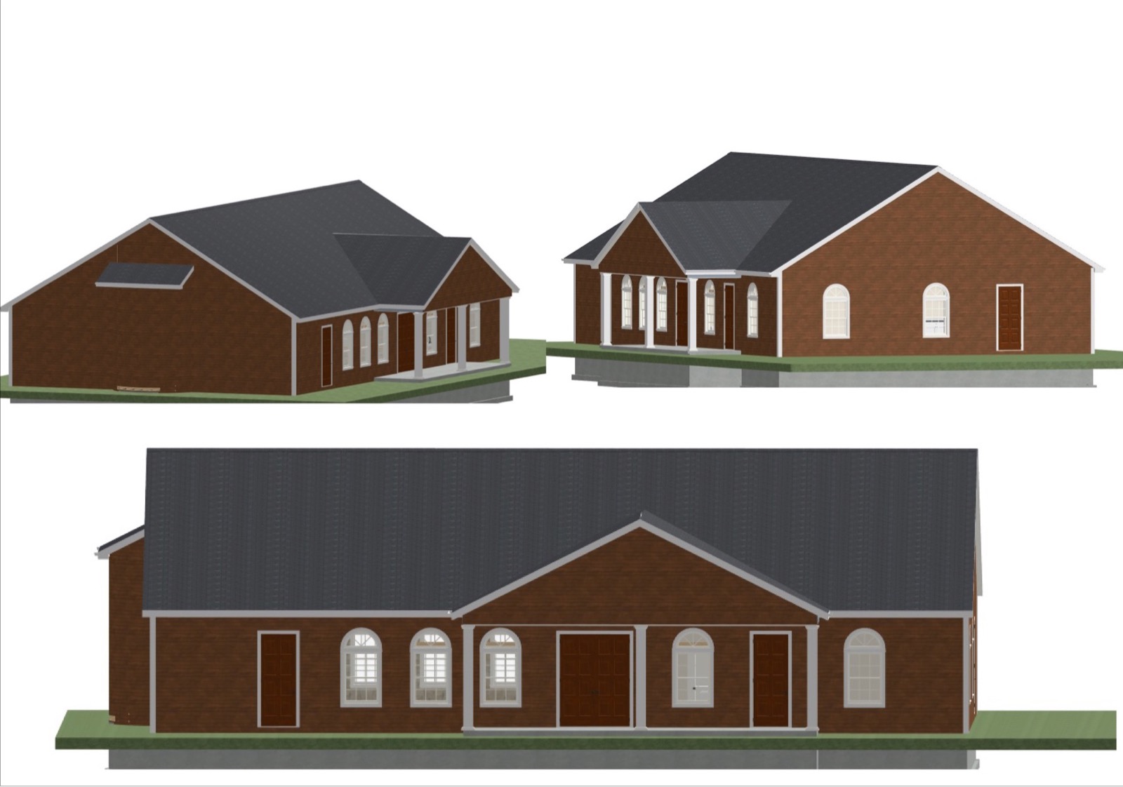 Architect's colour renderings of the proposed brick church from three angles, with a dark shingle roof, arched white windows and a columned front porch