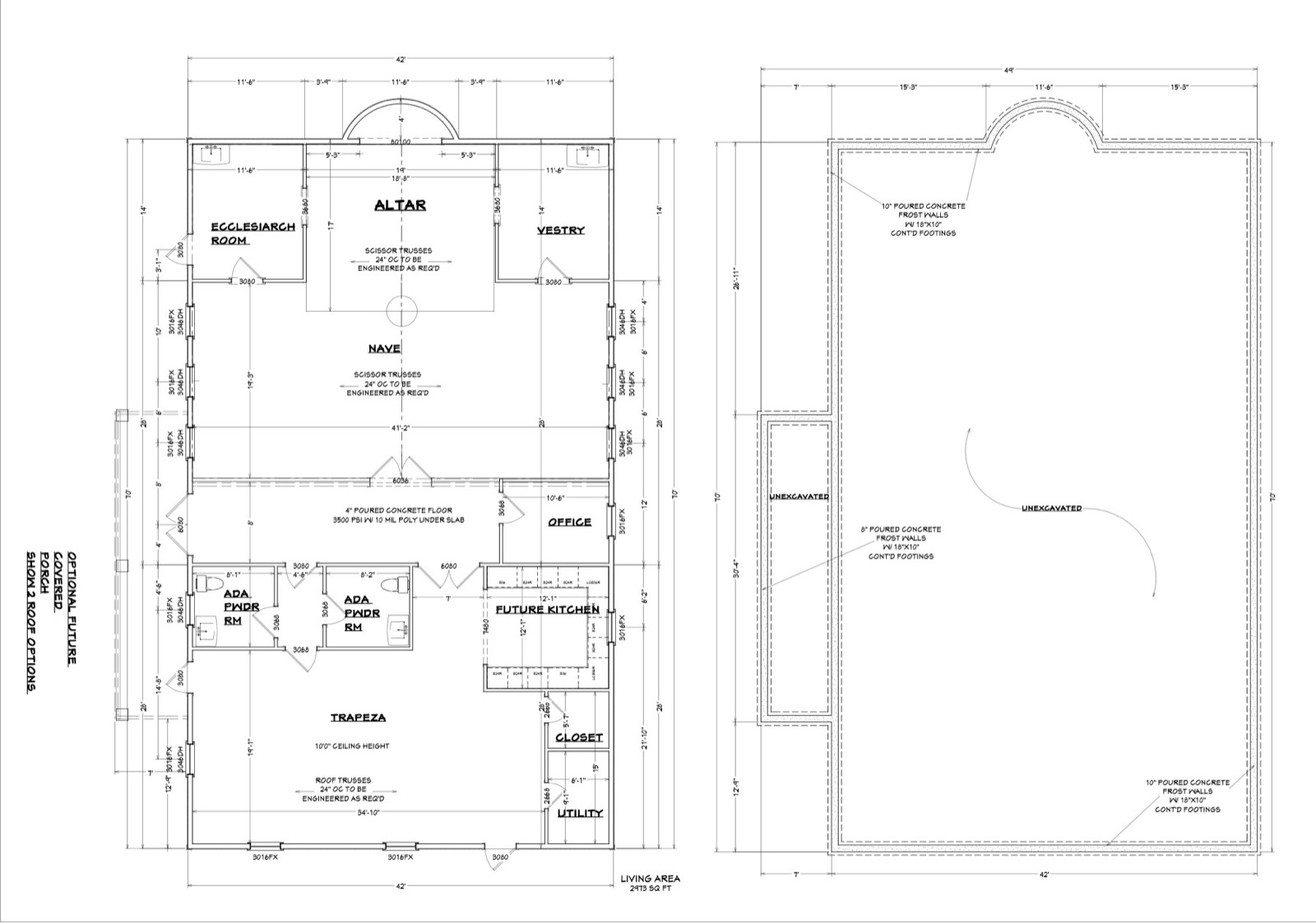 Floor plan showing the altar, nave, ecclesiarch room, vestry, office, restrooms, future kitchen and trapeza, beside the foundation plan
