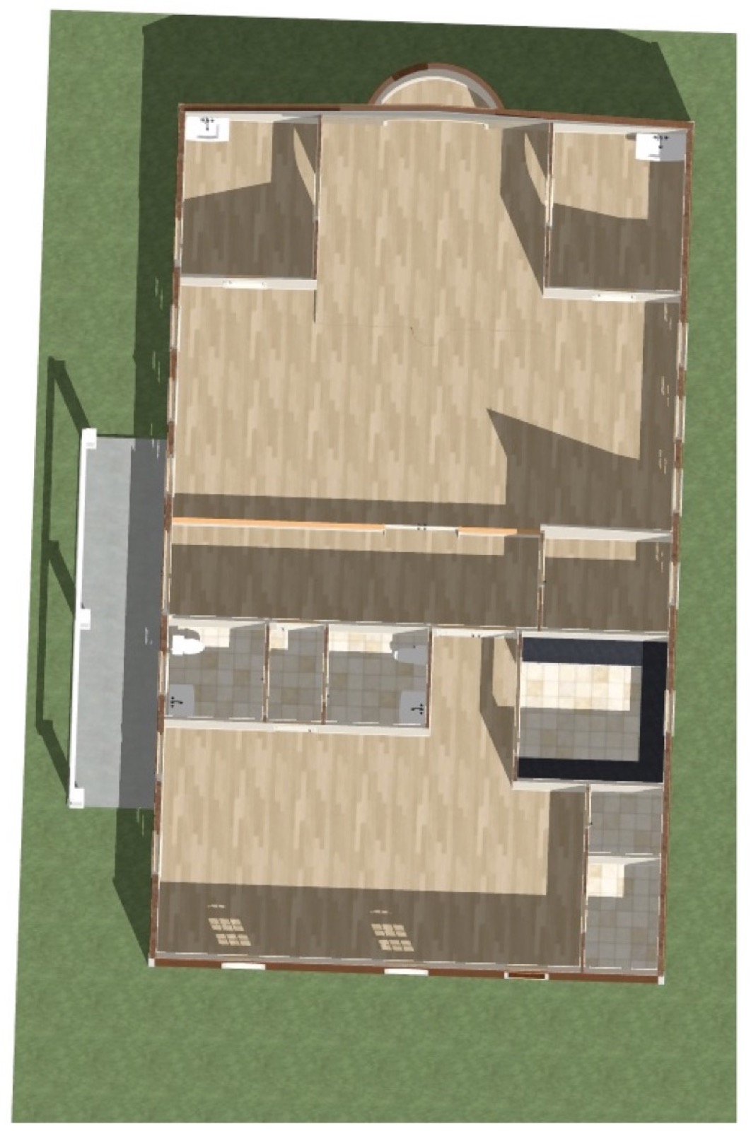 Rendering of the building seen from above with the roof removed, showing the rooms laid out