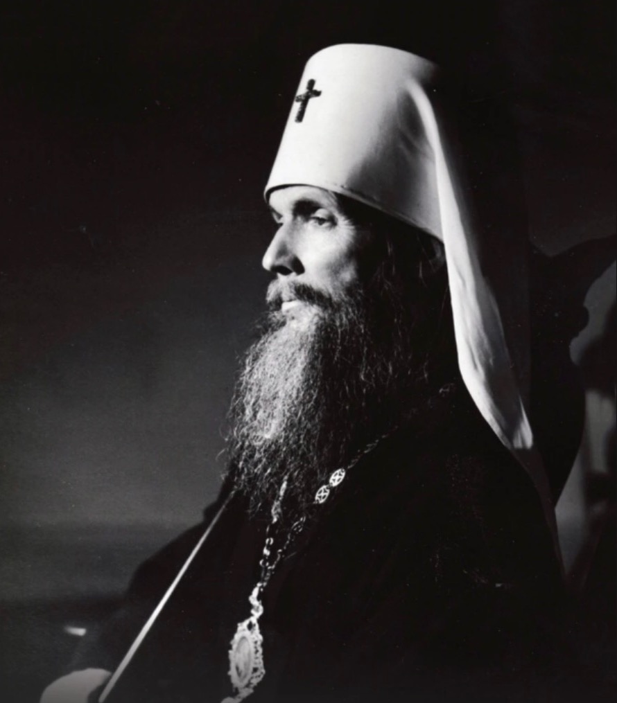 Black-and-white photograph of Metropolitan Philaret of New York in profile, wearing the white klobuk and panagia